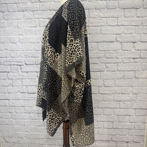 JODIFL Patchwork Leopard Print Kimono Cardigan Duster Black Beige‎ One Size - Picture 2 of 8